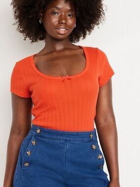 Pointelle Lace Trim Ribbed Tee